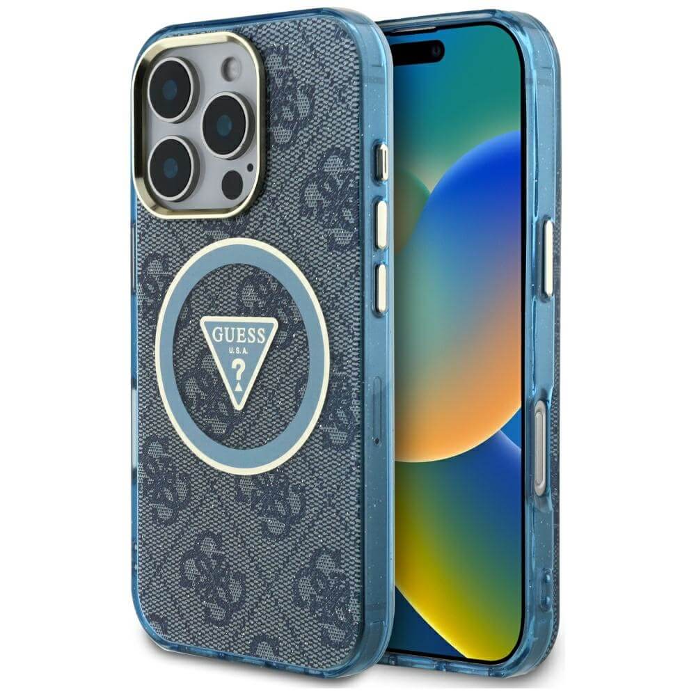 Guess iPhone 16 Pro - IML Metal Glitter 4G Circle Triangle MagSafe - Σκληρή Θήκη με Πλαίσιο Σιλικόνης και MagSafe - Blue - GUHMP16LHG4PRTGB