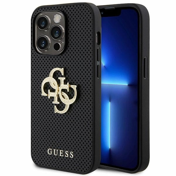 Guess iPhone 15 Pro Max Leather Perforated 4G Glitter Θήκη με Επένδυση Συνθετικού Δέρματος - Black - GUHCP15XPSP4LGK
