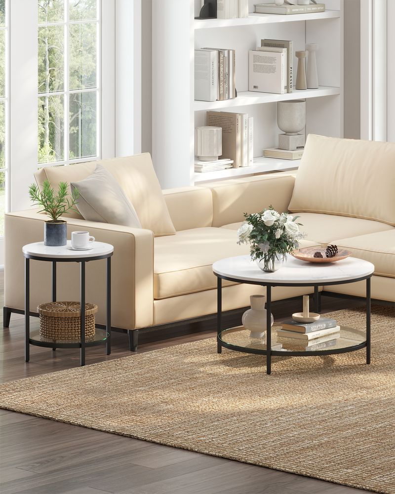 Vasagle Στρόγγυλο Βοηθητικό Τραπέζι 2 Επιπέδων - Marble White / Black - LET285B13