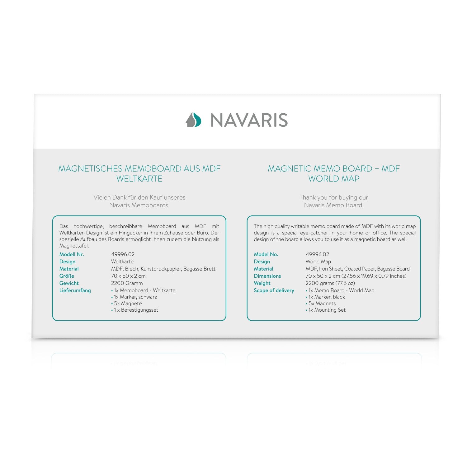 Navaris Μαγνητικός Πίνακας Ανακοινώσεων - 70 x 50 cm - World Map - 49996.02