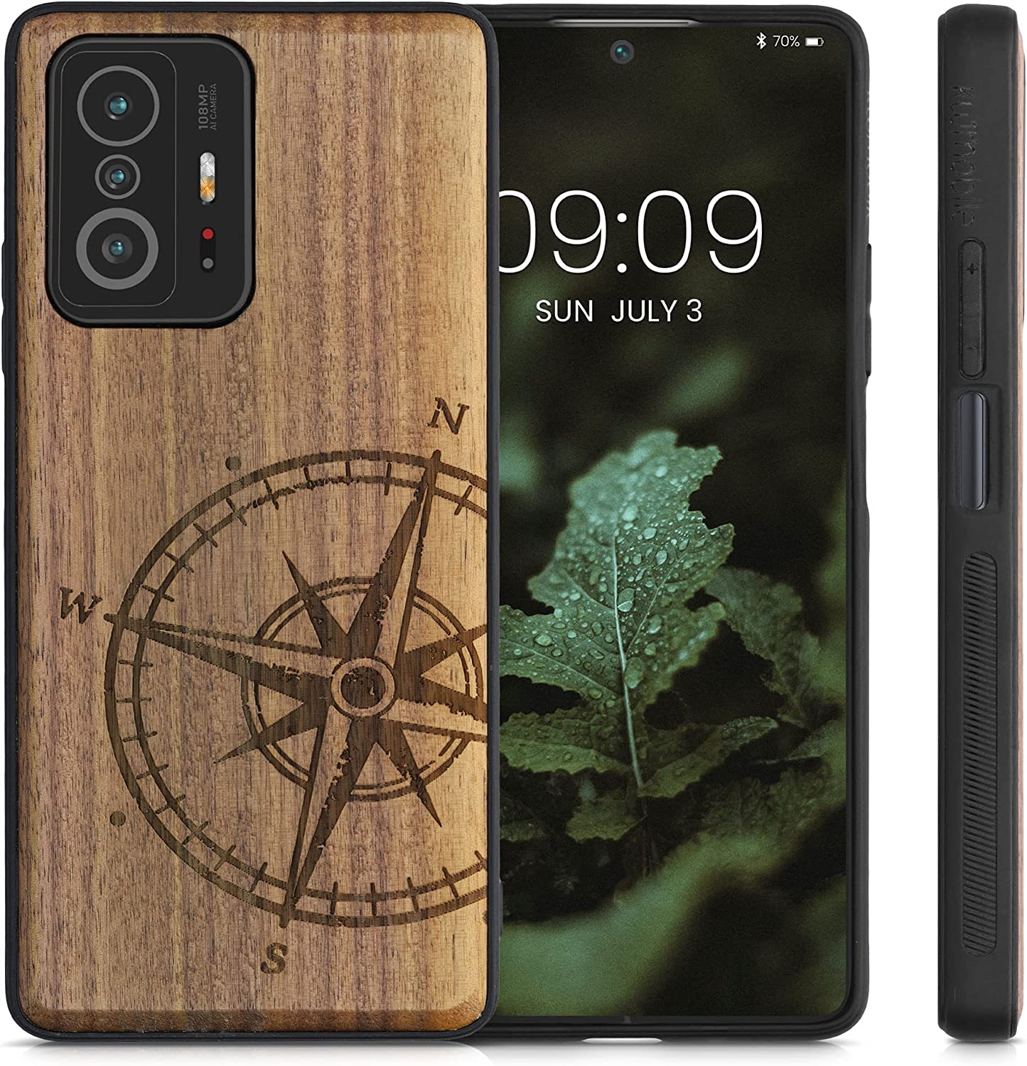 KW Xiaomi 11T / 11T Pro Θήκη από Φυσικό Ξύλο - Design Navigational Compass - Dark Brown - 56795.02