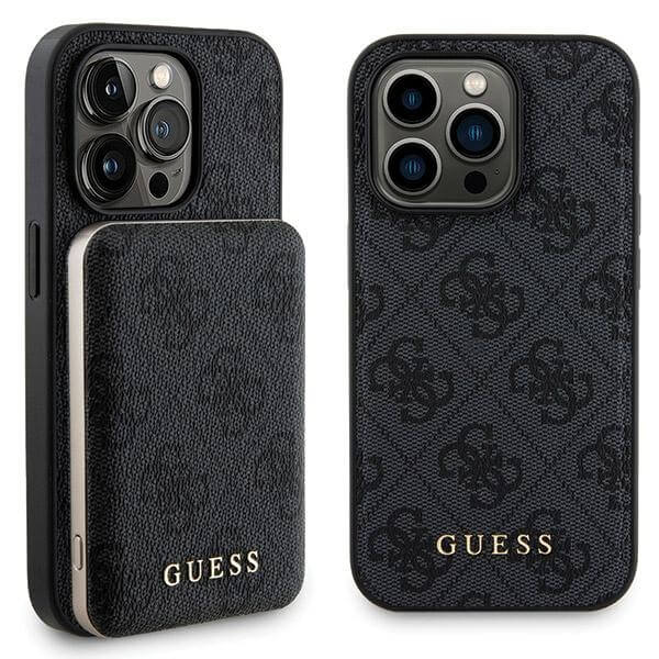 Guess iPhone 15 Pro - 4G Metal Logo Σετ MagSafe Σκληρή Θήκη με Επένδυση Συνθετικού Δέρματος και Powerbank 5000mAh - Black - GUBPM5P15L4GEMGK