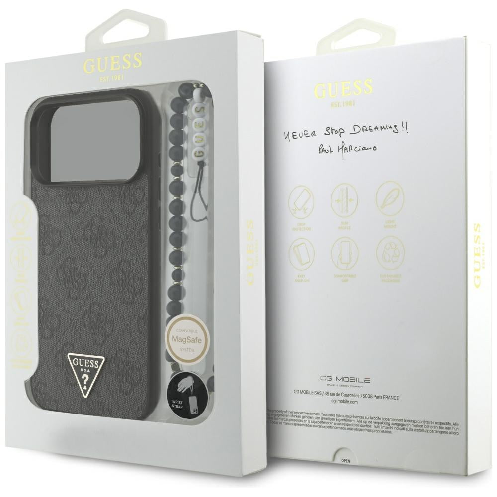 Guess iPhone 17 Pro Max - 4G Strap Triangle Logo MagSafe - Σκληρή Θήκη με Επένδυση Συνθετικού Δέρματος και Λουράκι - Black - GUHMP17XP4TSDPPSK