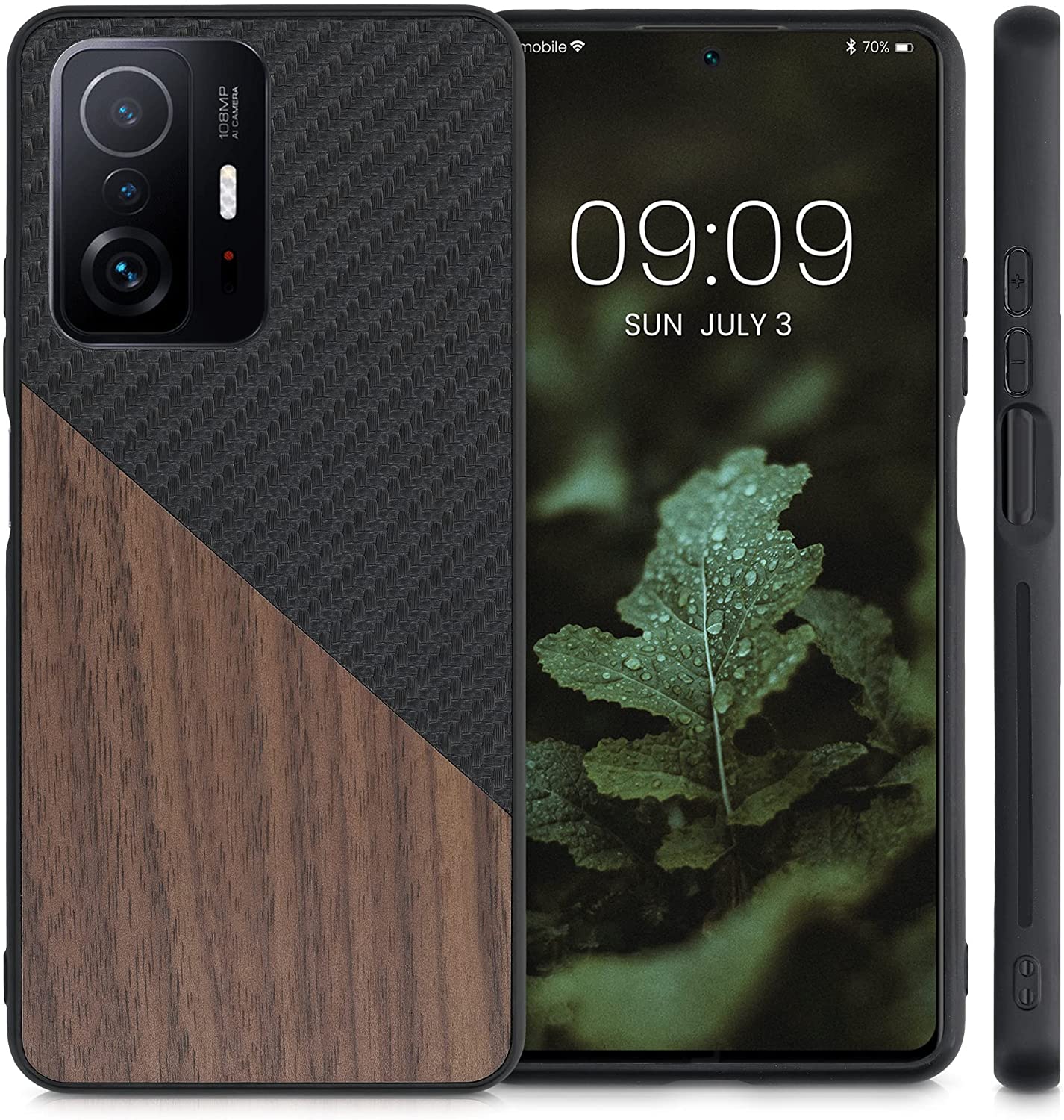KW Xiaomi 11T / 11T Pro Θήκη από Φυσικό Ξύλο και Carbon - Black / Dark Brown - 56624.01