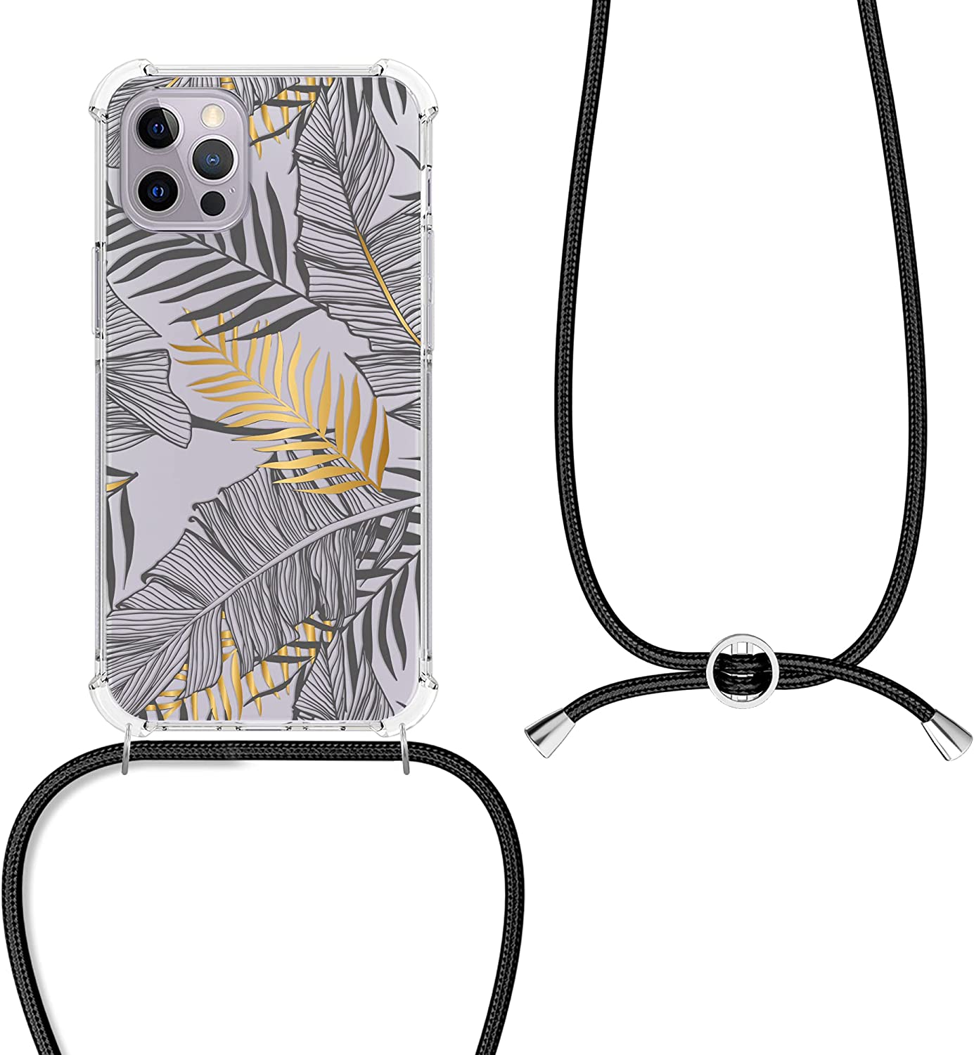 KW iPhone 12 / 12 Pro Θήκη Σιλικόνης TPU με Λουράκι Design Palm Leaves - Yellow / Grey - Διάφανη - 54084.03