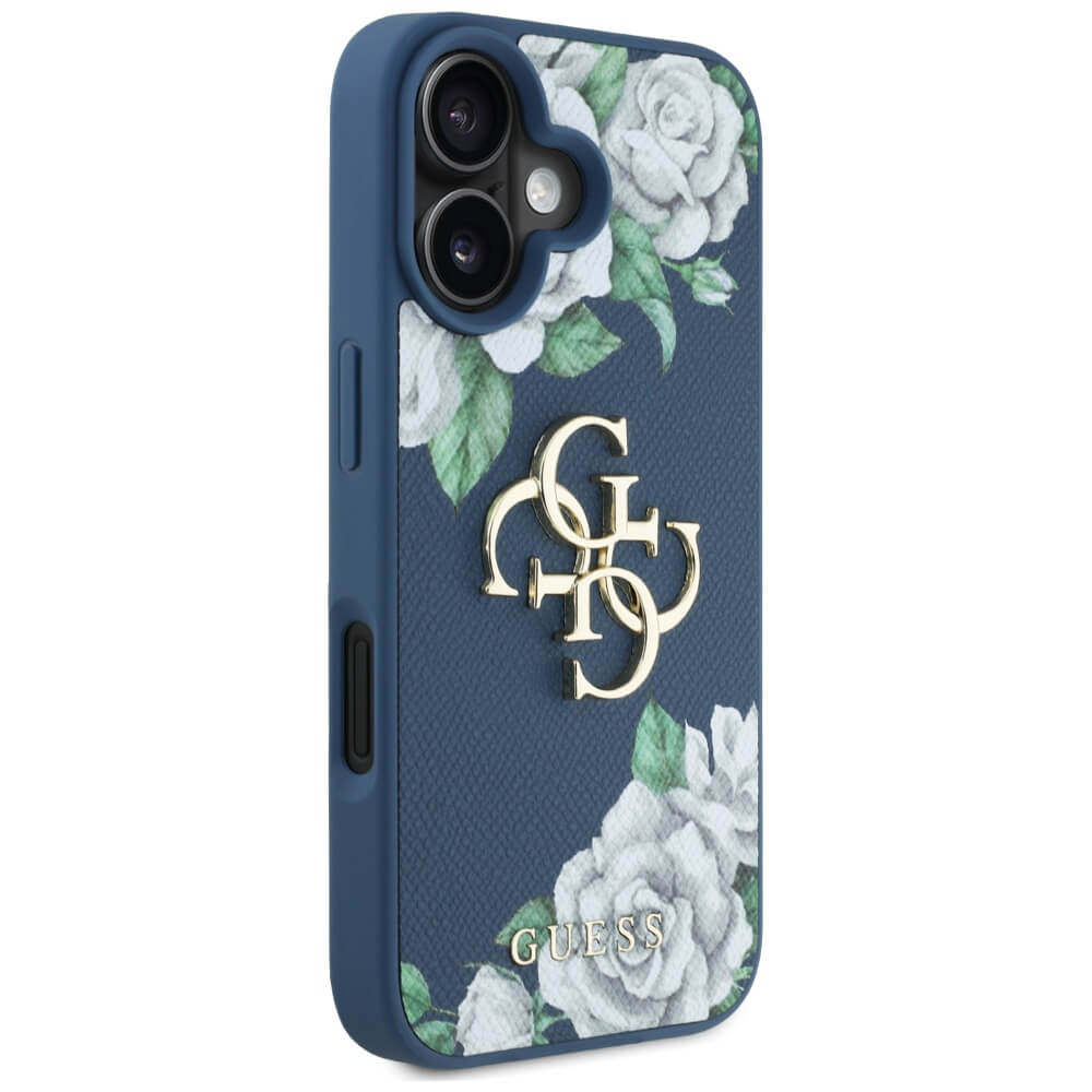 Guess iPhone 16 - Grained Roses Big 4G Logo - Σκληρή Θήκη με Επένδυση από Οικολογικό Δέρμα - Blue - GUHCP16SPGROP4MB