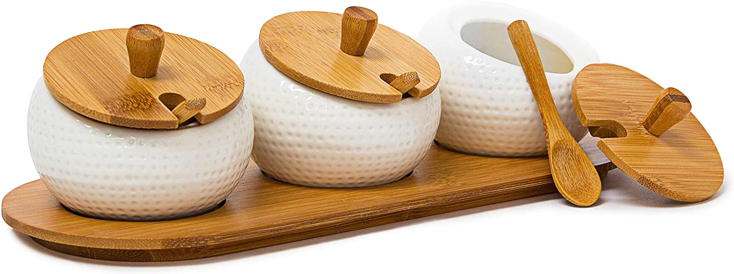 Relaxdays Σετ με 3 Κεραμικά Δοχεία Αποθήκευσης JIAO με Βάση και Καπάκια από Μπαμπού - White / Natural - 4052025191337