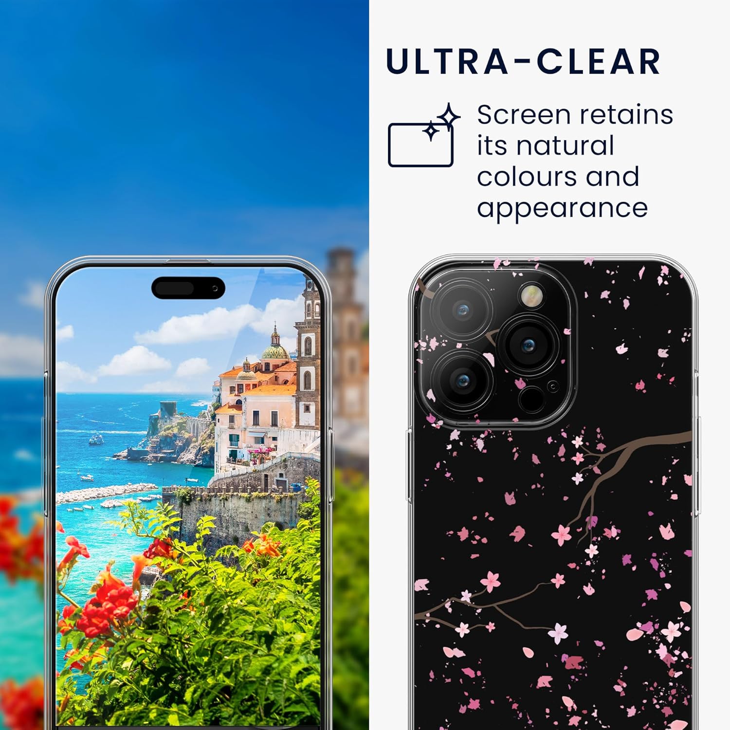 KW iPhone 15 Pro Θήκη Σιλικόνης TPU με Αντιχαρακτικό Γυαλί - Design Cherry Blossom Petals - Pink / Dark Brown / Διάφανη