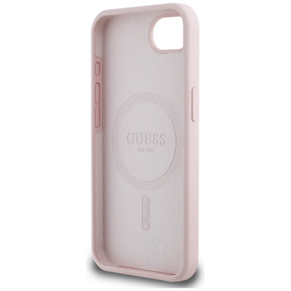Guess iPhone 16e - Silicone Script Metal Logo - MagSafe Σκληρή Θήκη με Πλαίσιο Σιλικόνης - Pink - GUHMPSE4SMBSLP