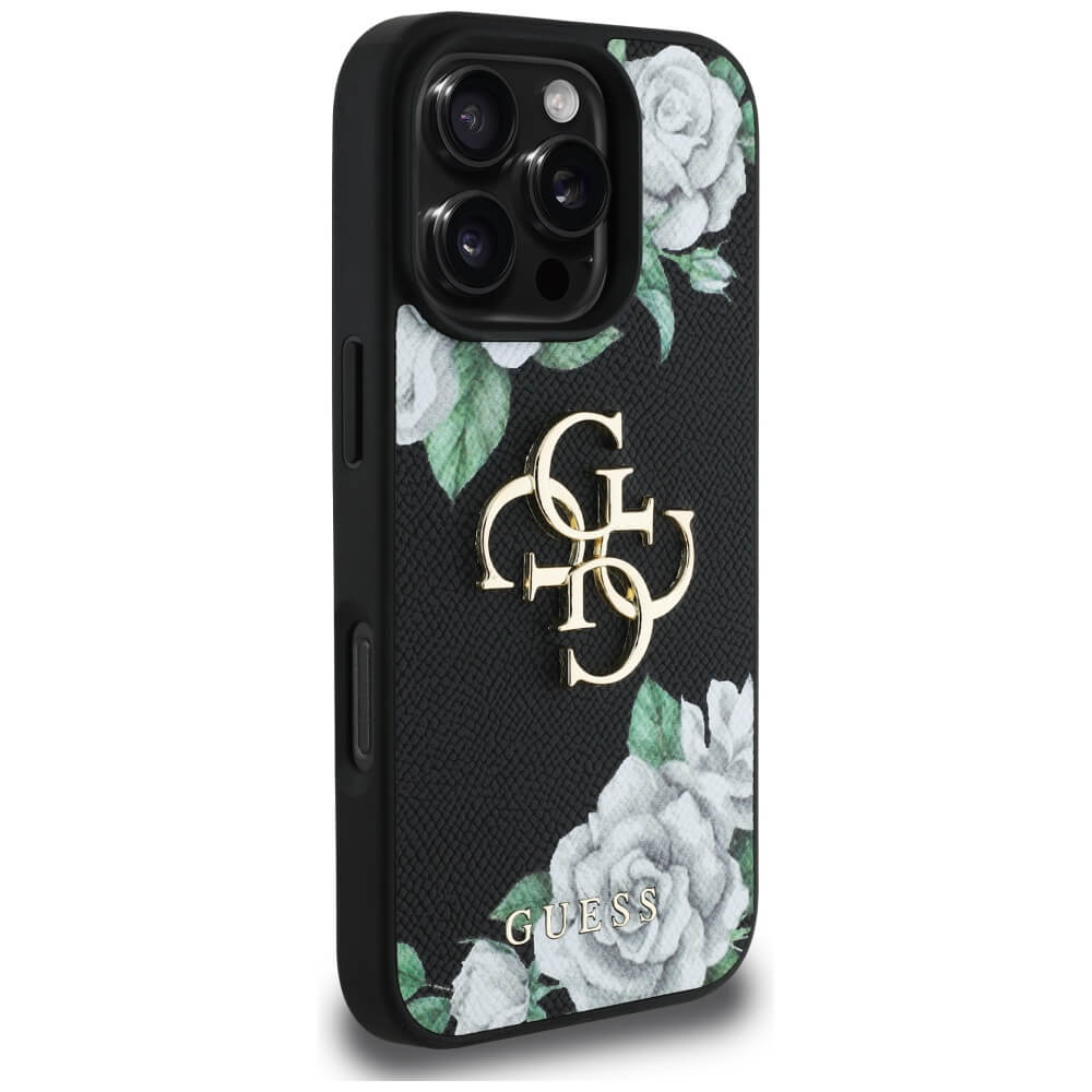 Guess iPhone 16 Pro Max - Grained Roses Big 4G Logo - Σκληρή Θήκη με Επένδυση από Οικολογικό Δέρμα - Black - GUHCP16XPGROP4MK