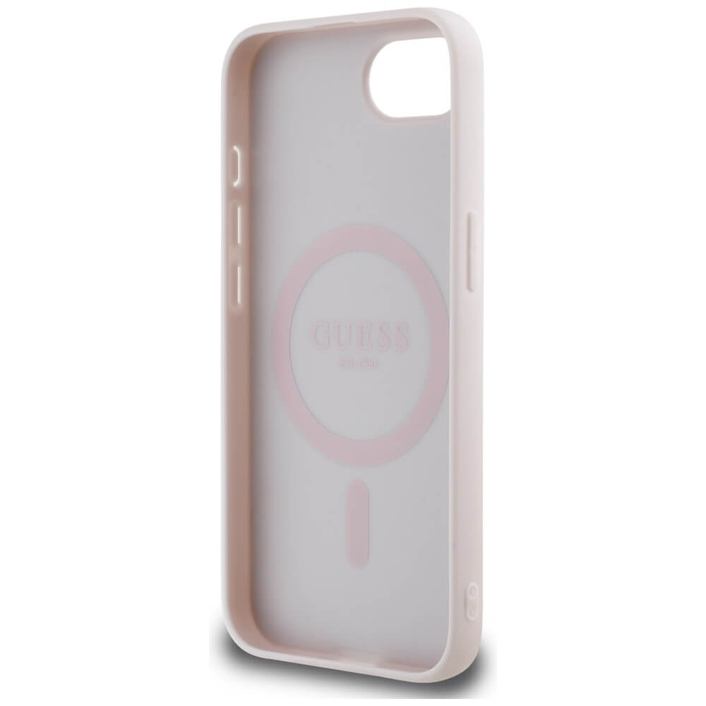 Guess iPhone 16e - Grained Hot Stamp Peony Triangle Logo - MagSafe Σκληρή Θήκη με Επένδυση Συνθετικού Δέρματος - Beige - GUHMPSE4PGBTME
