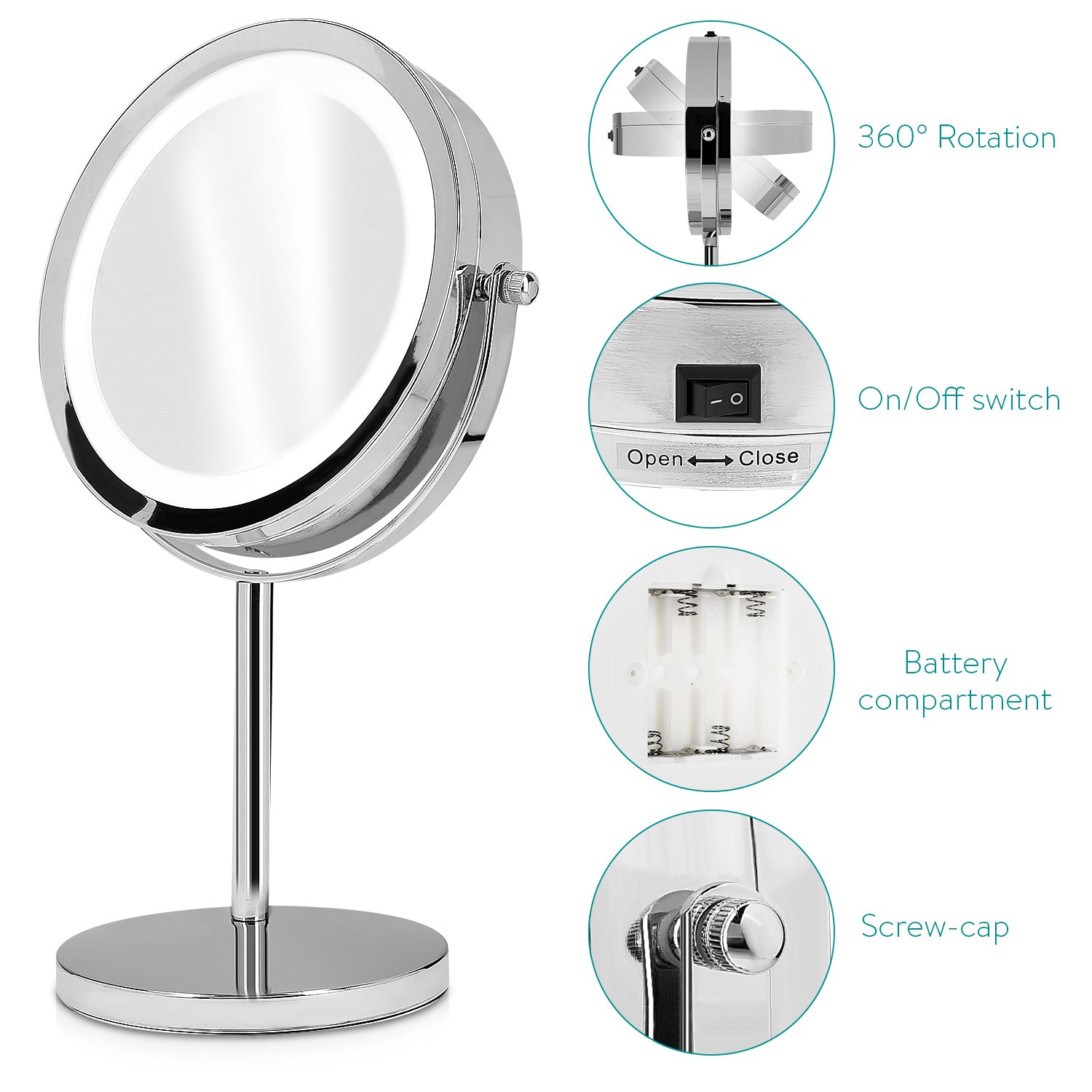 Navaris LED Illuminated Two-Sided Vanity Makeup Mirror - Περιστρεφόμενος Φωτιζόμενος Καθρέπτης LED - Silver - 43104