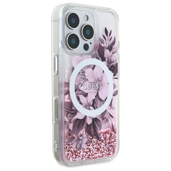 Guess iPhone 16 Pro - Liquid Glitter Flower MagSafe - Σκληρή Θήκη με Πλαίσιο Σιλικόνης - Διάφανη - GUHMP16LLFMWTP