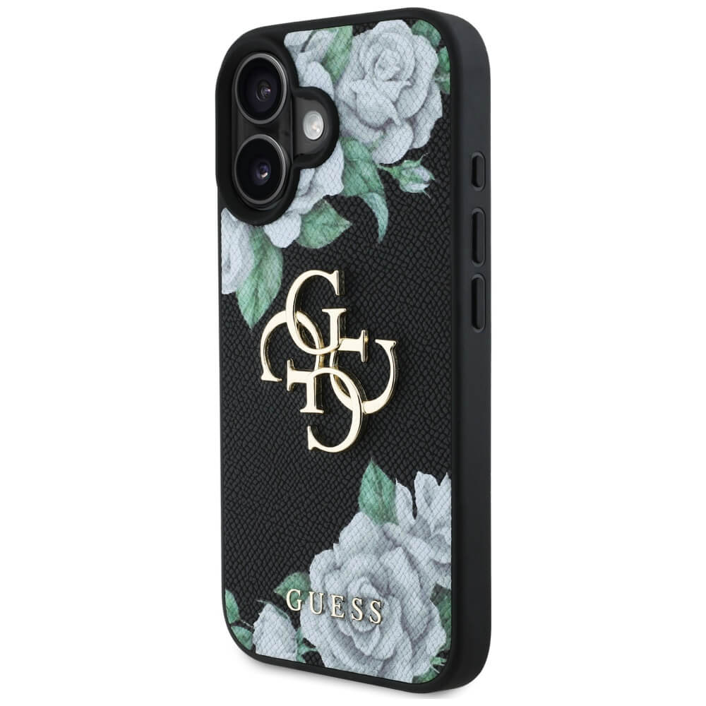 Guess iPhone 16 - Grained Roses Big 4G Logo - Σκληρή Θήκη με Επένδυση από Οικολογικό Δέρμα - Black - GUHCP16SPGROP4MK