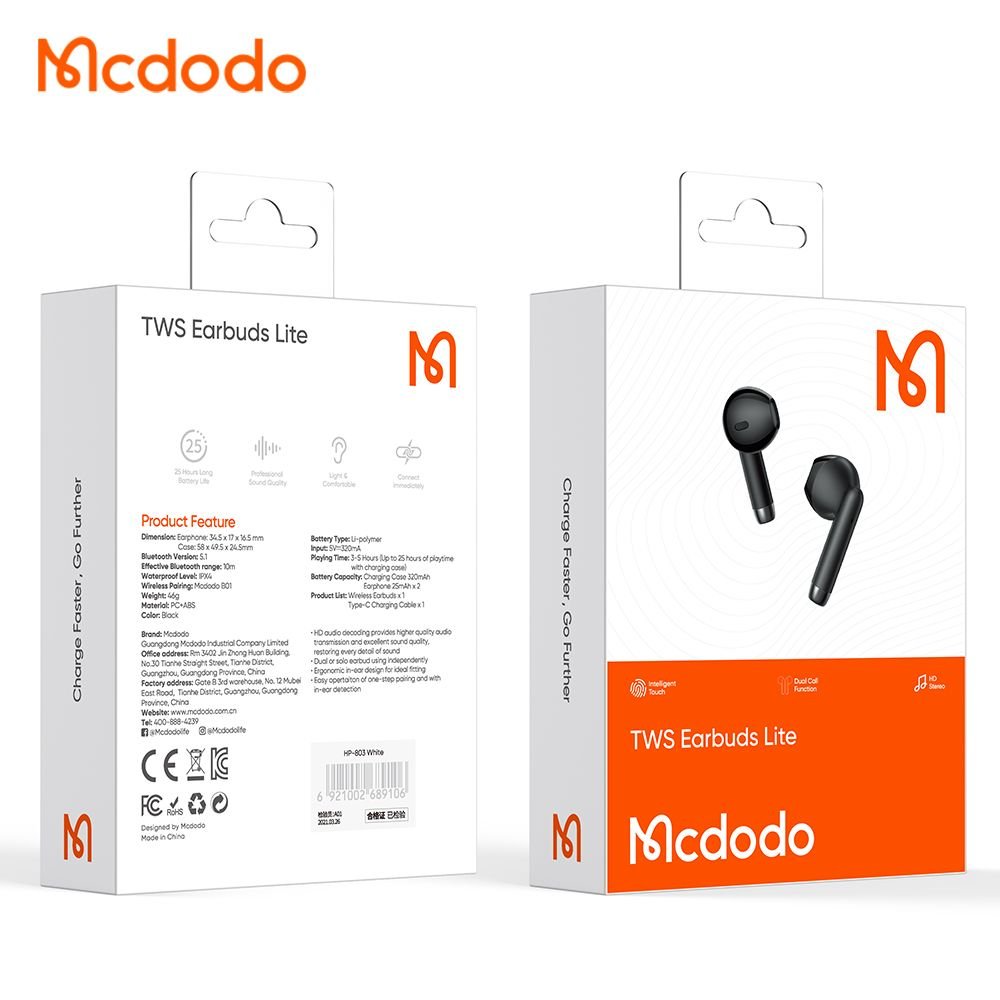 Mcdodo Ασύρματα ακουστικά για Κλήσεις / Μουσική Bluetooth 5.0 - B01 Series - Black