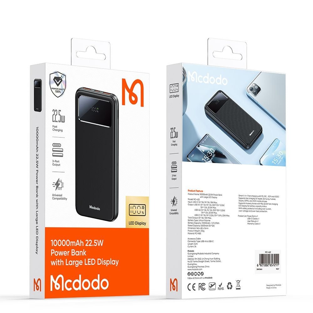 Mcdodo PowerBank 10000mAh 22.5W με 2 Θύρες USB και 1 Θύρα Type - C - MC - 4220 - Black