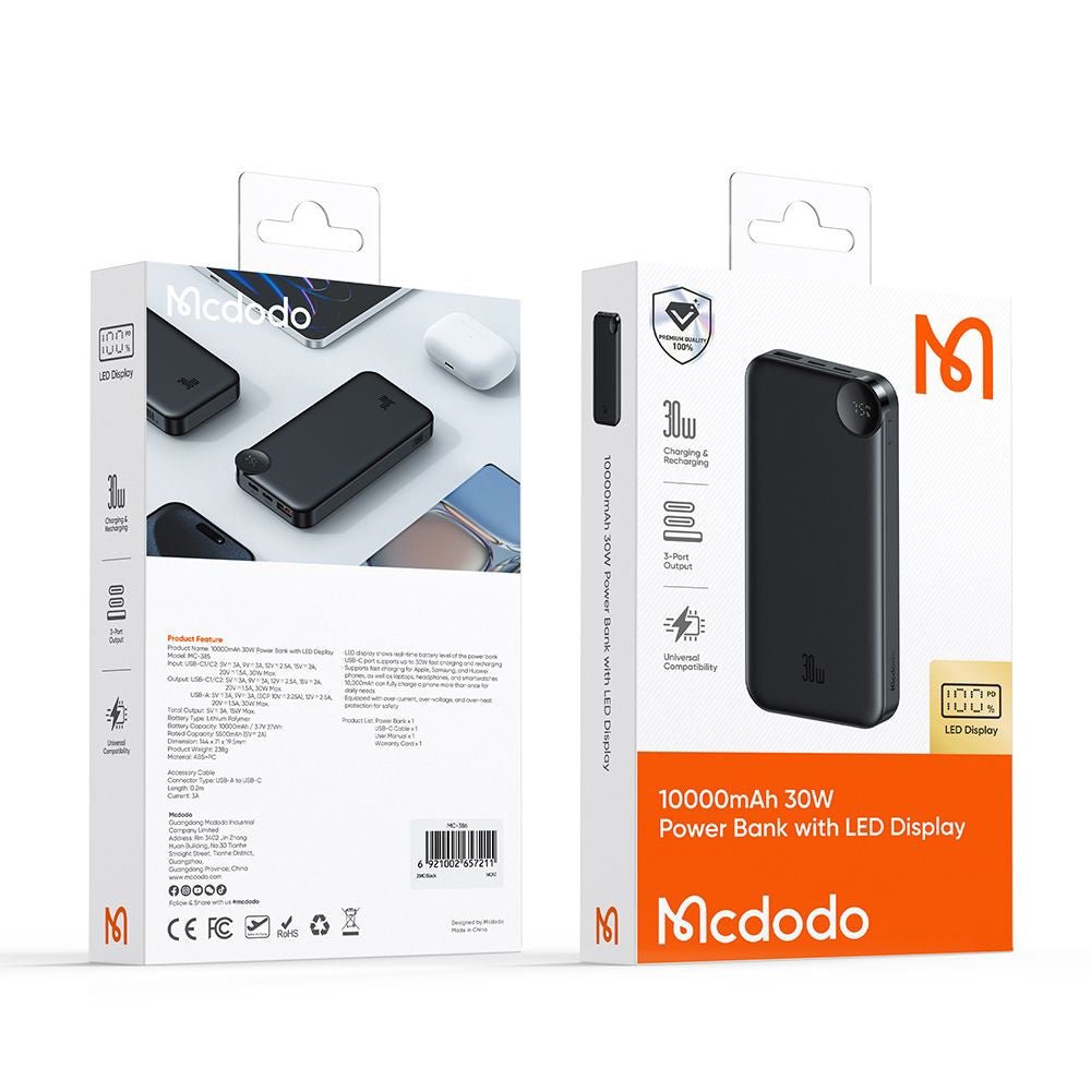 Mcdodo PowerBank 10000mAh 30W με 2 Θύρες Type - C και 1 Θύρα USB - MC - 3850 - Black
