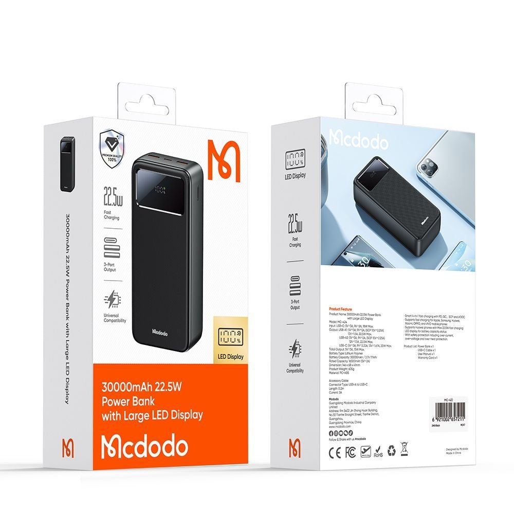 Mcdodo PowerBank 30000mAh 22.5W με 2 Θύρες USB και 1 Θύρα Type - C - MC - 4240 - Black