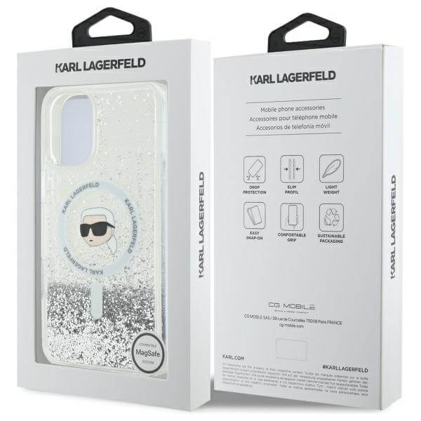Karl Lagerfeld iPhone 16 Plus - Liquid Glitter Karl Head MagSafe - Σκληρή Θήκη με Πλαίσιο Σιλικόνης - Διάφανη - KLHMP16MLGKISGH