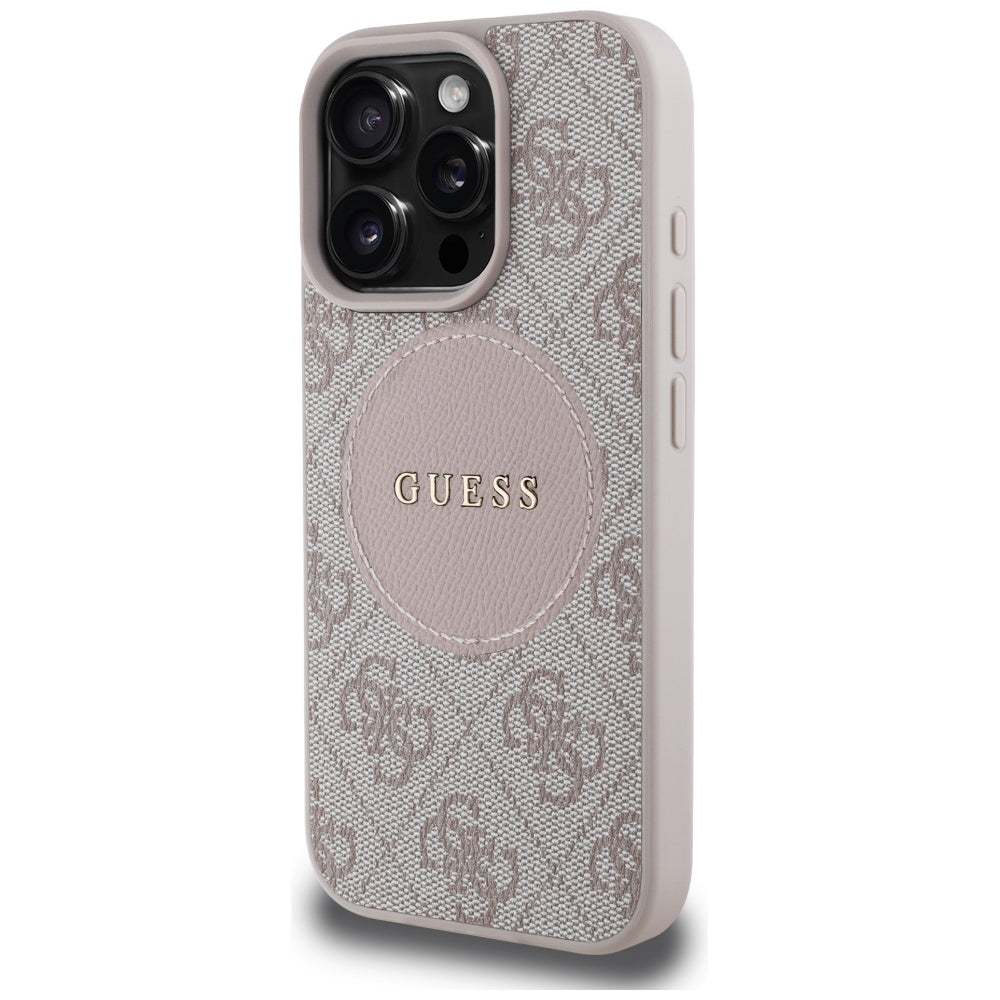 Guess iPhone 16 Pro - 4G Circle Classic Logo - MagSafe Θήκη με Επένδυση Συνθετικού Δέρματος - Pink - GUHMP16LP4PGRSGP
