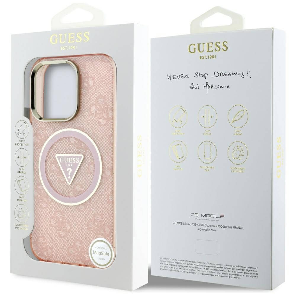 Guess iPhone 16 Pro Max - IML Metal Glitter 4G Circle Triangle MagSafe - Σκληρή Θήκη με Πλαίσιο Σιλικόνης και MagSafe - Pink - GUHMP16XHG4PRTGP