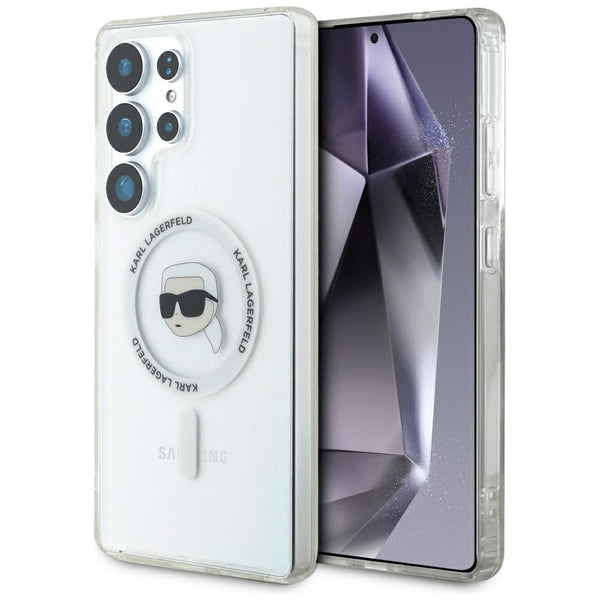 Karl Lagerfeld Samsung Galaxy S25 Ultra - Button Karl Head Printed Logo - MagSafe Σκληρή Θήκη με Πλαίσιο Σιλικόνης - White - KLHMS25LHLSKIH