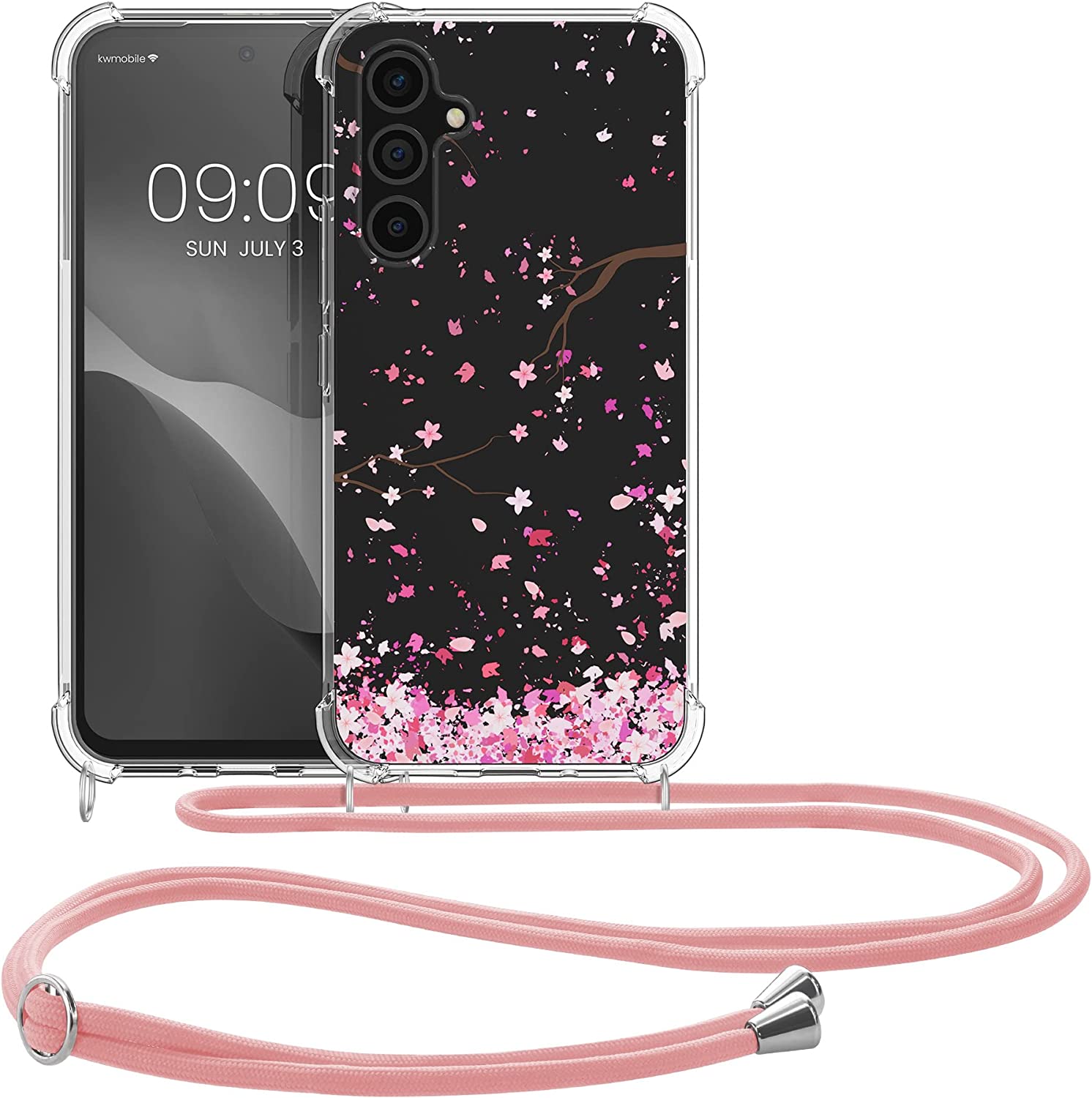 KW Samsung Galaxy A54 5G Θήκη Σιλικόνης TPU με Λουράκι Design Cherry Petals - Pink / Dark Brown / Διάφανη - 60804.01