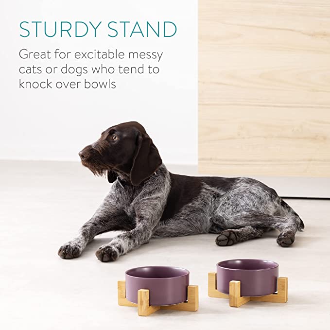 Navaris Cat Bowls with Wood Stands - Σετ με 2 Μπολ Φαγητού και Νερού με Βάση από Μπαμπού για Κατοικίδια - 850ml - Matte Purple / Brown - 48350.55
