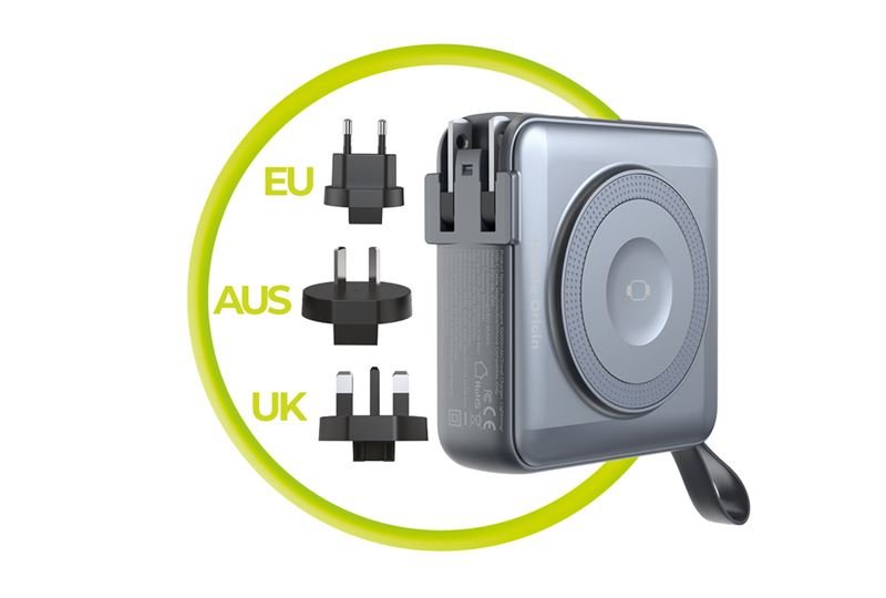 Mobile Origin - 3in1 Ασύρματο MagSafe PowerBank 10.000mAh και Φορτιστής Ταξιδίου με Ενσωματωμένα Καλώδια Lightning και Type - C και Εναλλάξιμα Βύσματα - Grey