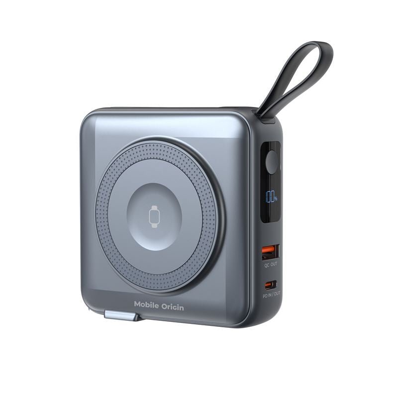 Mobile Origin - 3in1 Ασύρματο MagSafe PowerBank 10.000mAh και Φορτιστής Ταξιδίου με Ενσωματωμένα Καλώδια Lightning και Type - C και Εναλλάξιμα Βύσματα - Grey