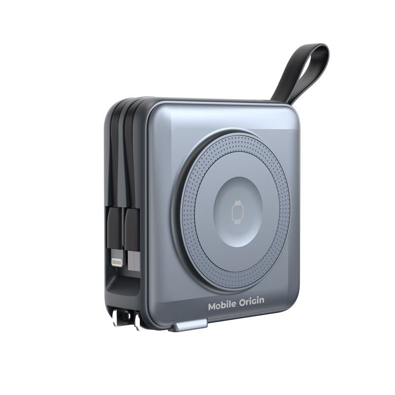 Mobile Origin - 3in1 Ασύρματο MagSafe PowerBank 10.000mAh και Φορτιστής Ταξιδίου με Ενσωματωμένα Καλώδια Lightning και Type - C και Εναλλάξιμα Βύσματα - Grey