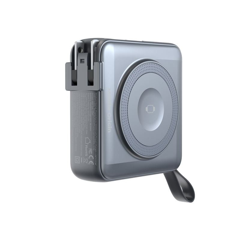 Mobile Origin - 3in1 Ασύρματο MagSafe PowerBank 10.000mAh και Φορτιστής Ταξιδίου με Ενσωματωμένα Καλώδια Lightning και Type - C και Εναλλάξιμα Βύσματα - Grey