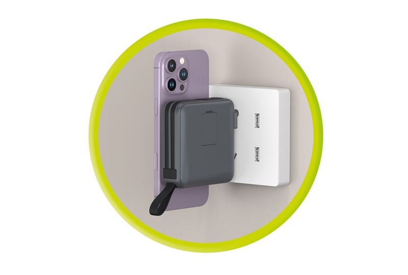 Mobile Origin - 3in1 Ασύρματο MagSafe PowerBank 10.000mAh και Φορτιστής Ταξιδίου με Ενσωματωμένα Καλώδια Lightning και Type - C και Εναλλάξιμα Βύσματα - Grey