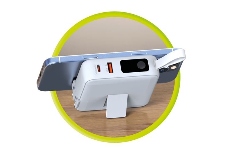 Mobile Origin - 3in1 Ασύρματο MagSafe PowerBank 10.000mAh και Φορτιστής Ταξιδίου με Ενσωματωμένα Καλώδια Lightning και Type - C και Εναλλάξιμα Βύσματα - White