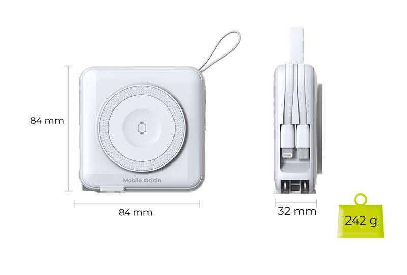 Mobile Origin - 3in1 Ασύρματο MagSafe PowerBank 10.000mAh και Φορτιστής Ταξιδίου με Ενσωματωμένα Καλώδια Lightning και Type - C και Εναλλάξιμα Βύσματα - White