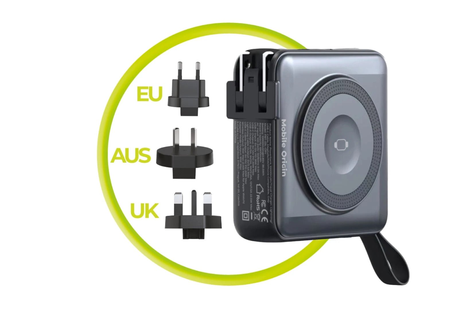 Mobile Origin - 3in1 Ασύρματο MagSafe PowerBank 10.000mAh και Φορτιστής Ταξιδίου με Ενσωματωμένα Καλώδια Lightning και Type - C και Εναλλάξιμα Βύσματα - Black