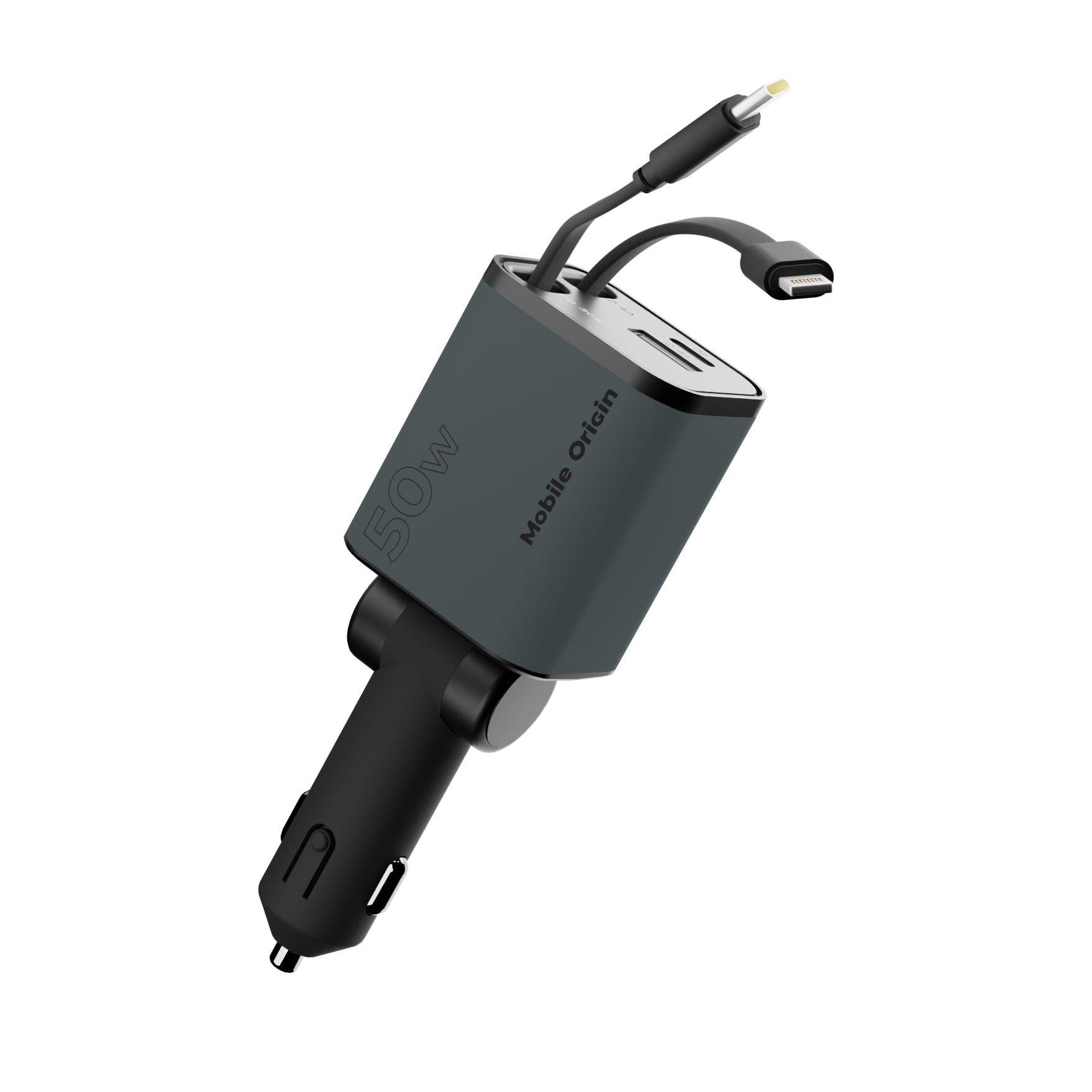 Mobile Origin Φορτιστής Αυτοκινήτου 50W με Θύρες Type - C και USB και Ενσωματωμένα Καλώδια Type - C και Lightning - CA28 - Space Grey