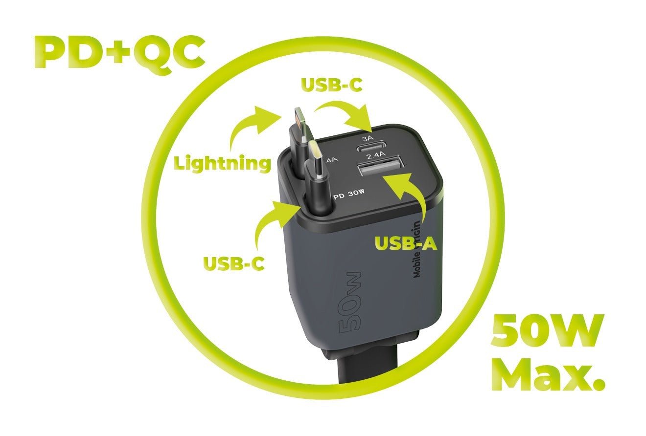 Mobile Origin Φορτιστής Αυτοκινήτου 50W με Θύρες Type - C και USB και Ενσωματωμένα Καλώδια Type - C και Lightning - CA28 - Space Grey