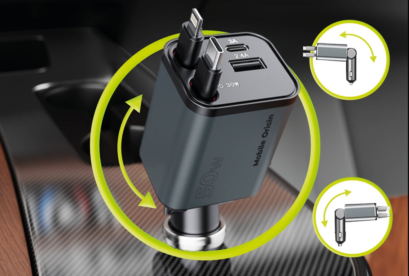 Mobile Origin Φορτιστής Αυτοκινήτου 50W με Θύρες Type - C και USB και Ενσωματωμένα Καλώδια Type - C και Lightning - CA28 - Space Grey
