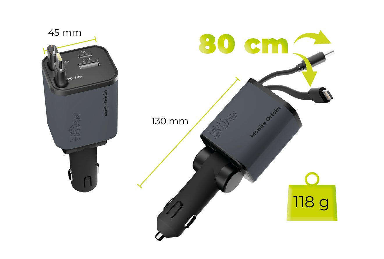 Mobile Origin Φορτιστής Αυτοκινήτου 50W με Θύρες Type - C και USB και Ενσωματωμένα Καλώδια Type - C και Lightning - CA28 - Space Grey
