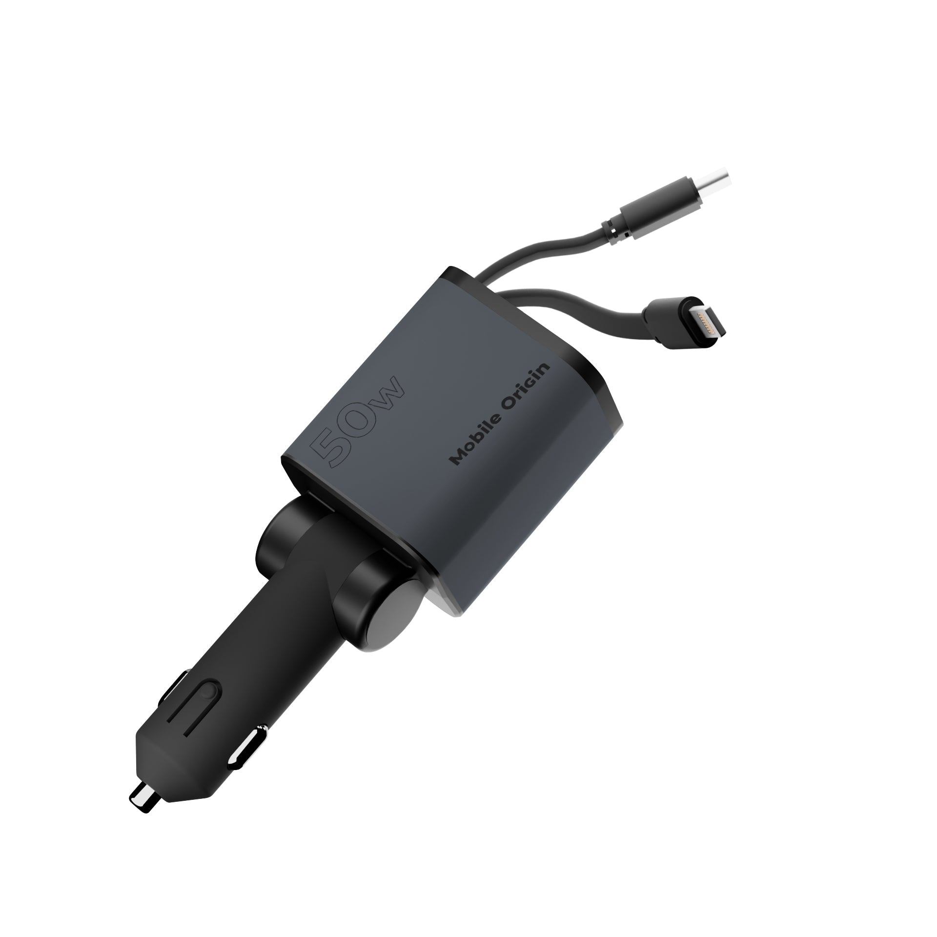 Mobile Origin Φορτιστής Αυτοκινήτου 50W με Θύρες Type - C και USB και Ενσωματωμένα Καλώδια Type - C και Lightning - CA28 - Space Grey