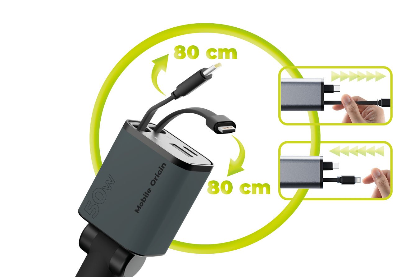 Mobile Origin Φορτιστής Αυτοκινήτου 50W με Θύρες Type - C και USB και Ενσωματωμένα Καλώδια Type - C και Lightning - CA28 - Space Grey