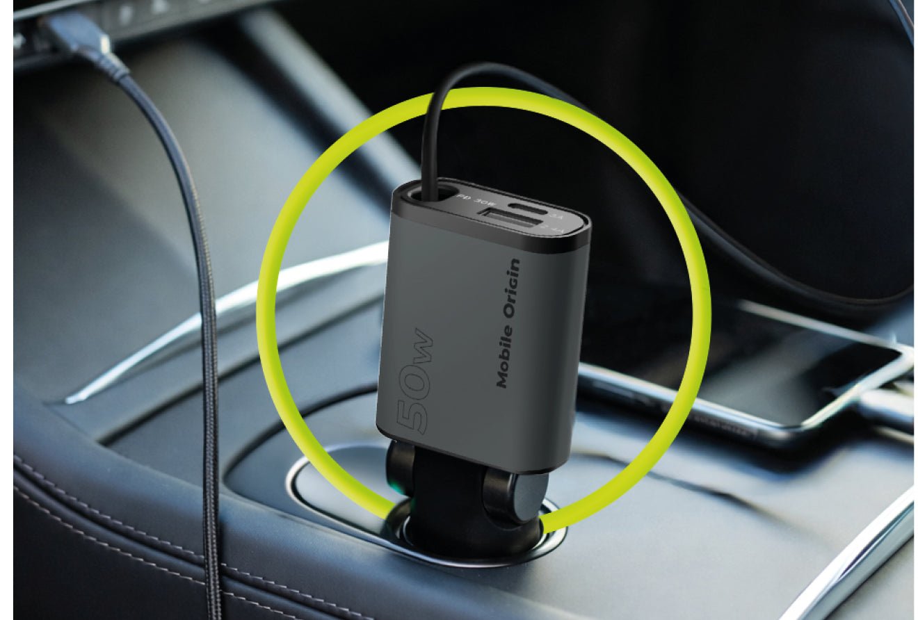 Mobile Origin Φορτιστής Αυτοκινήτου 50W με Θύρες Type - C και USB και Ενσωματωμένο Καλώδιο Type - C - CA27 - Space Grey