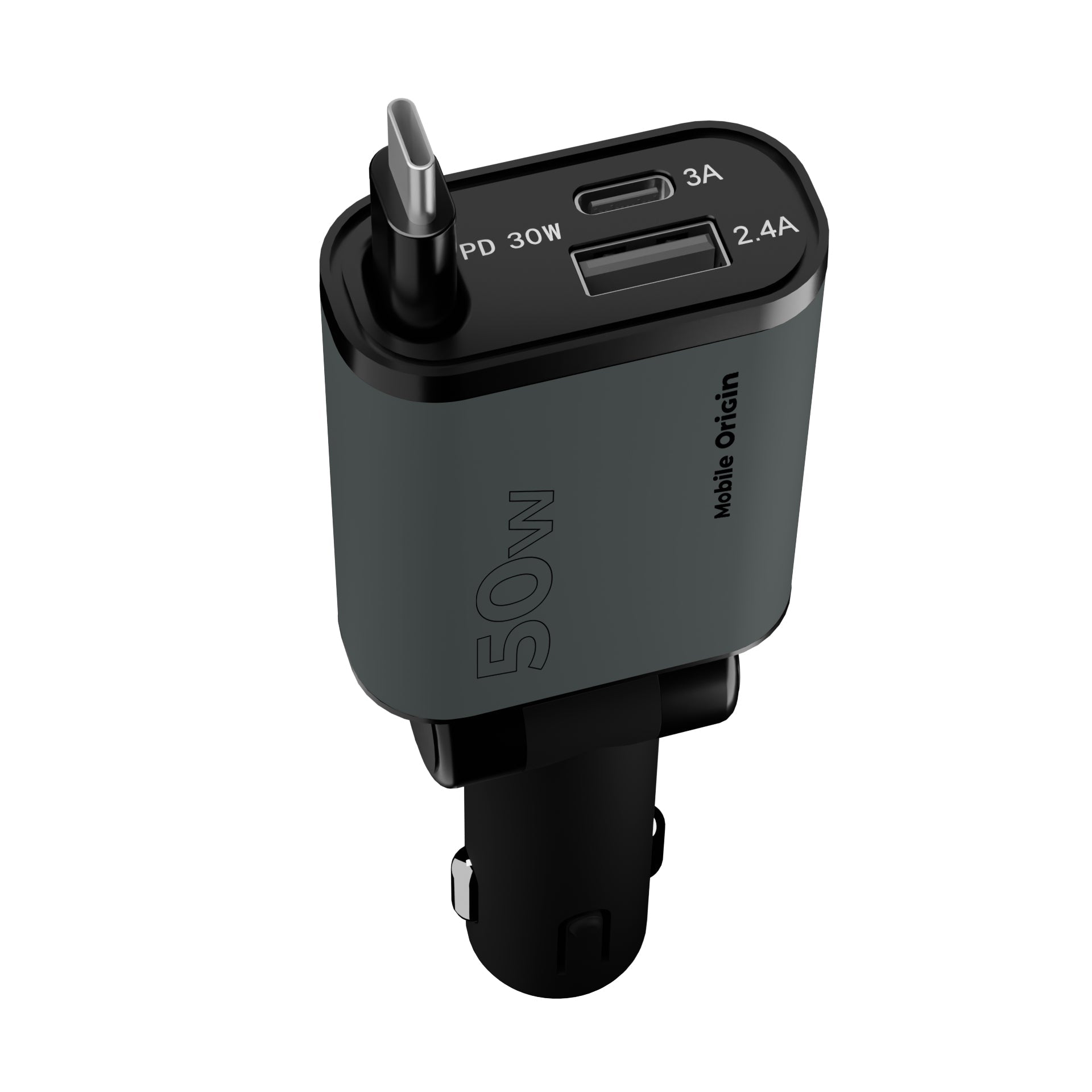 Mobile Origin Φορτιστής Αυτοκινήτου 50W με Θύρες Type - C και USB και Ενσωματωμένο Καλώδιο Type - C - CA27 - Space Grey