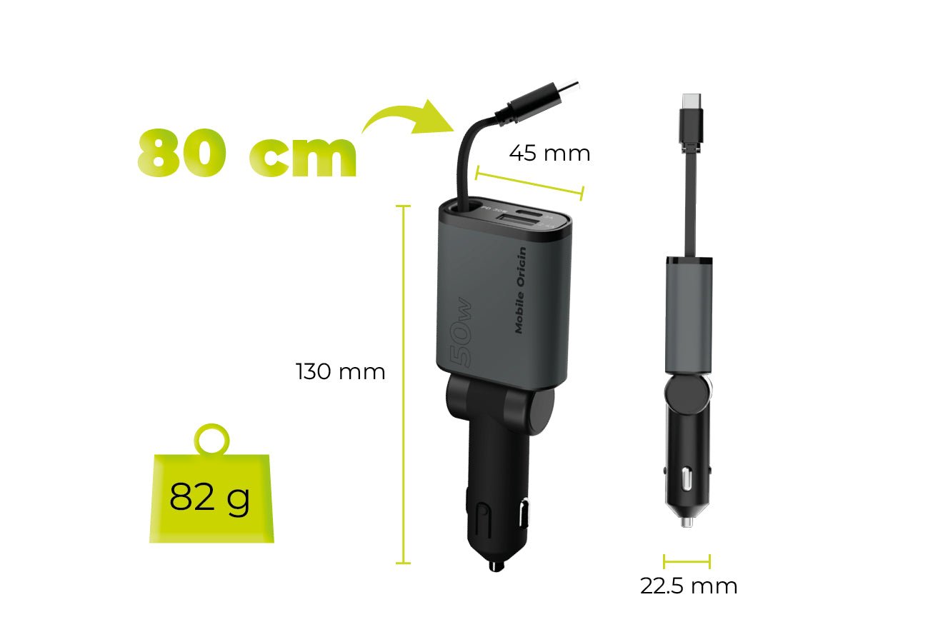 Mobile Origin Φορτιστής Αυτοκινήτου 50W με Θύρες Type - C και USB και Ενσωματωμένο Καλώδιο Type - C - CA27 - Space Grey
