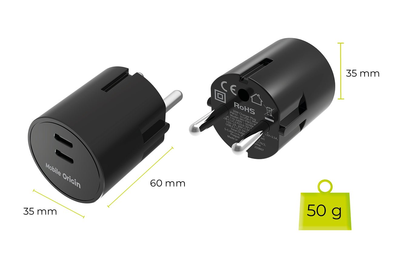 Mobile Origin Φορτιστής Γρήγορης Φόρτισης 30W GaN με 2 Θύρες Type - C - PW33 - Black
