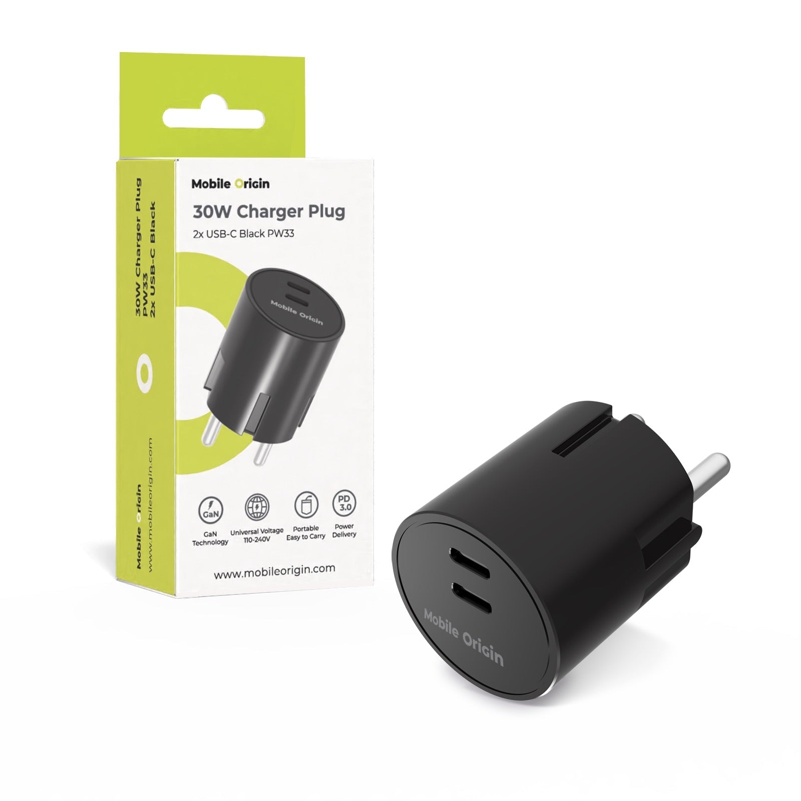 Mobile Origin Φορτιστής Γρήγορης Φόρτισης 30W GaN με 2 Θύρες Type - C - PW33 - Black