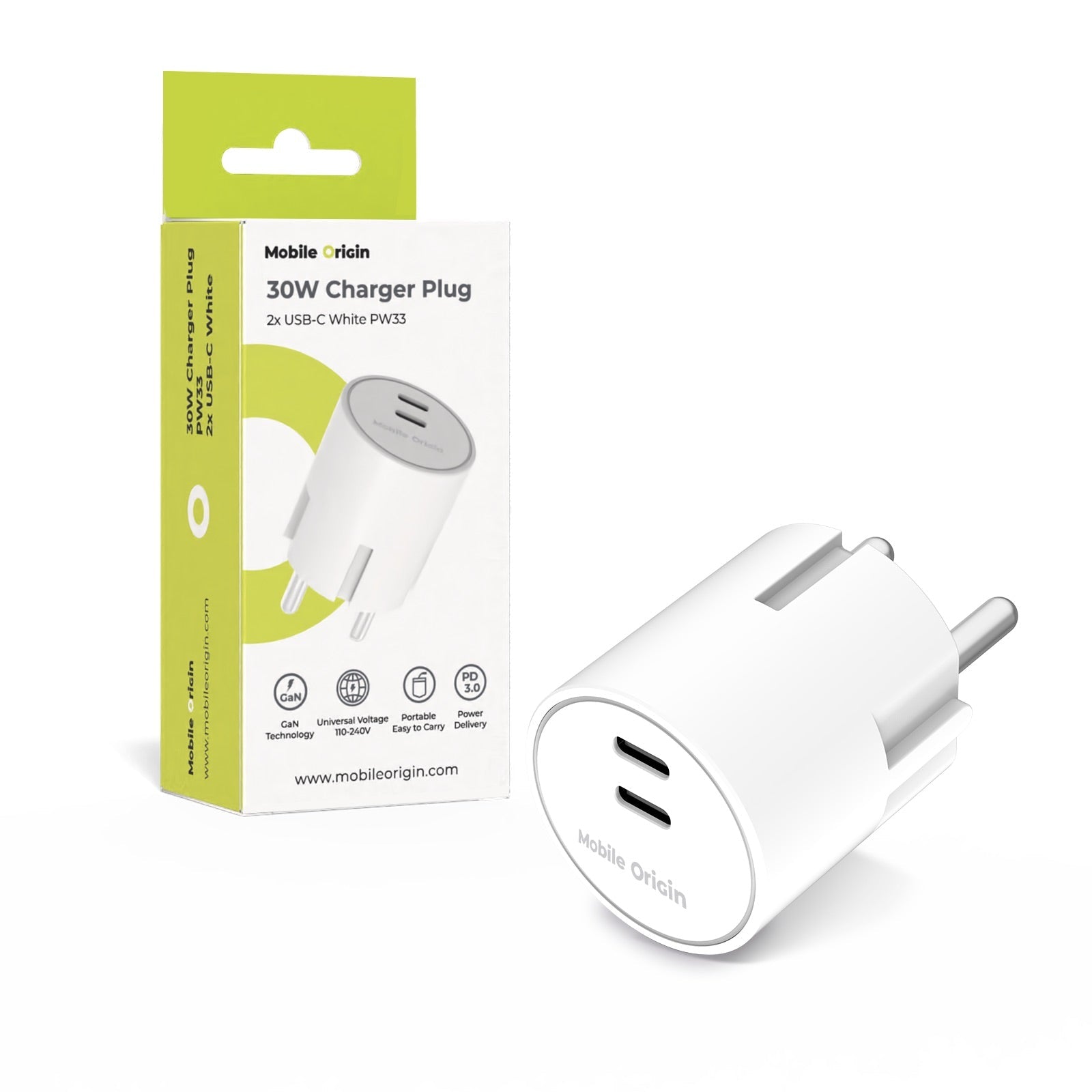 Mobile Origin Φορτιστής Γρήγορης Φόρτισης 30W GaN με 2 Θύρες Type - C - PW33 - White