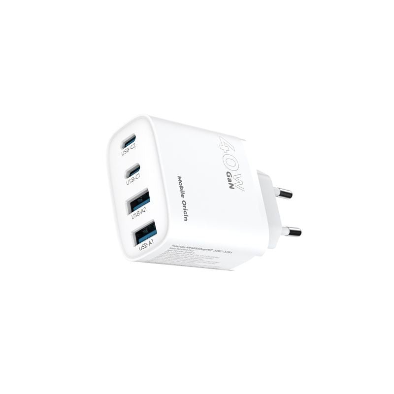 Mobile Origin Φορτιστής Γρήγορης Φόρτισης 40W GaN με 2 Θύρες Type - C και 2 Θύρες USB - PW22 - White