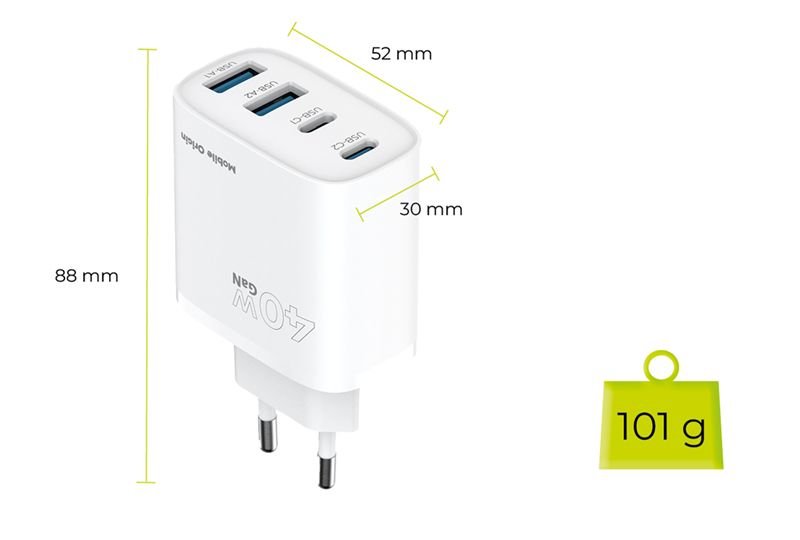 Mobile Origin Φορτιστής Γρήγορης Φόρτισης 40W GaN με 2 Θύρες Type - C και 2 Θύρες USB - PW22 - White